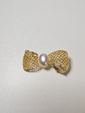 Vintage Gold Tone Ribbon Bow Brooch Pin with Faux Pearl